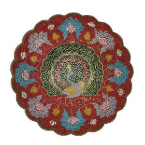 Vintage Brass Bowl Scallop Edge Hand Painted Red Enamel Peacock 7.5"W Multicolor